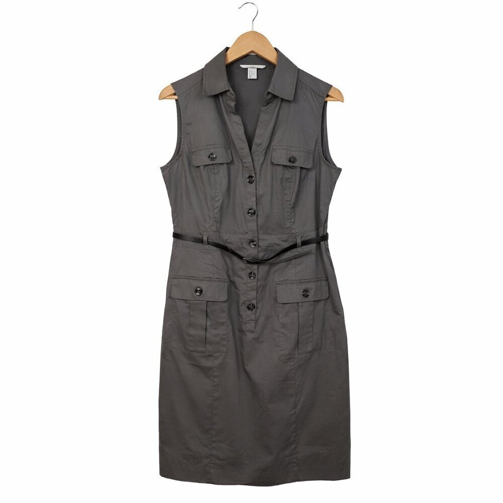 H&M Stretch Cotton Shirt Dress 10 Sleeveless Button Up Gray Belt Pockets